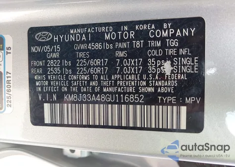 2016 Hyundai Tucson Se z USA, uszkodzony, nr VIN KM8J33A48GU116852